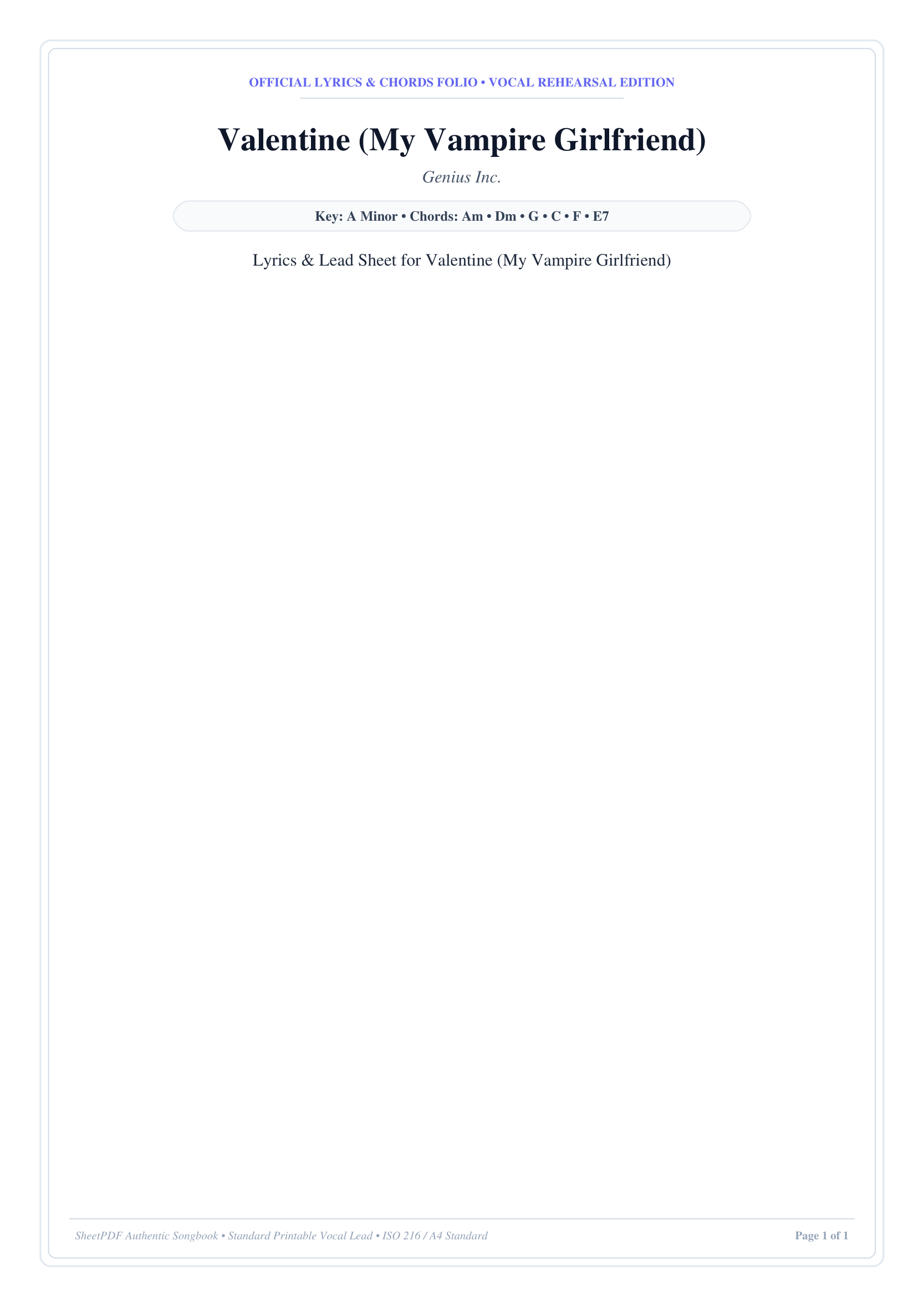 Valentine (My Vampire Girlfriend) Piano Sheet Music Score Page 1