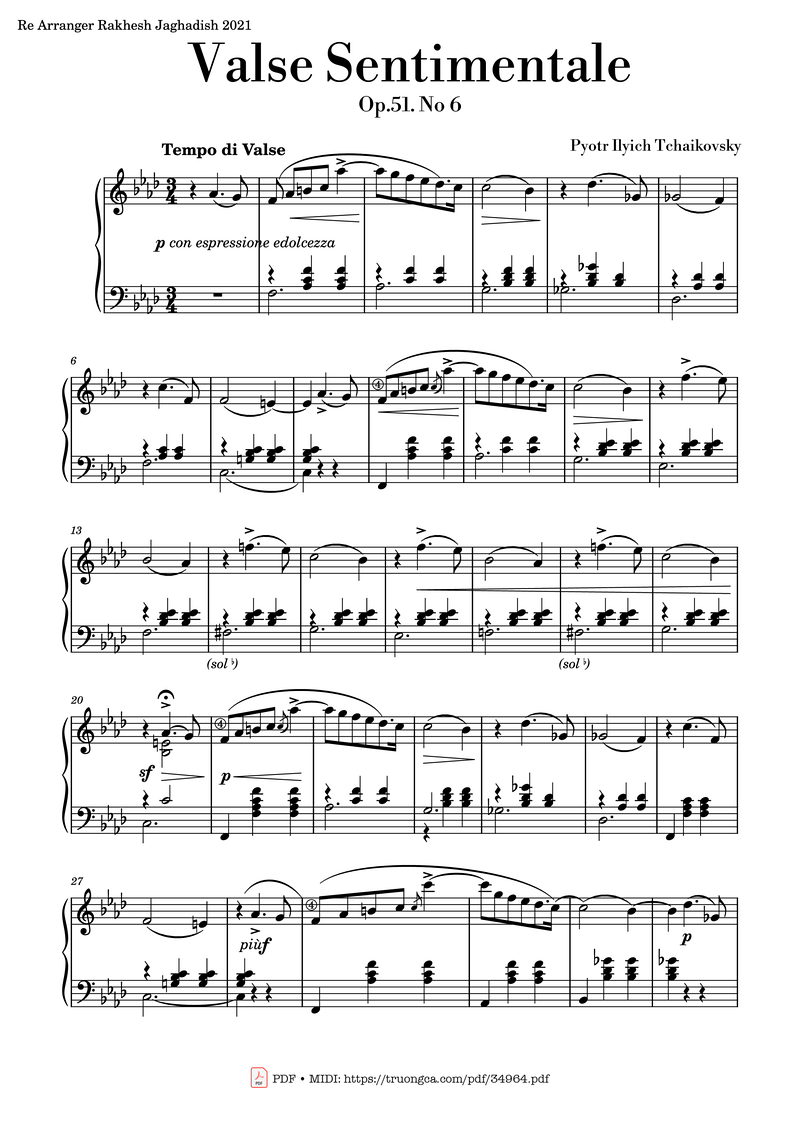 Valse Sentimentale Piano, Tchaikovsky Piano Sheet Music Page 1 Free PDF