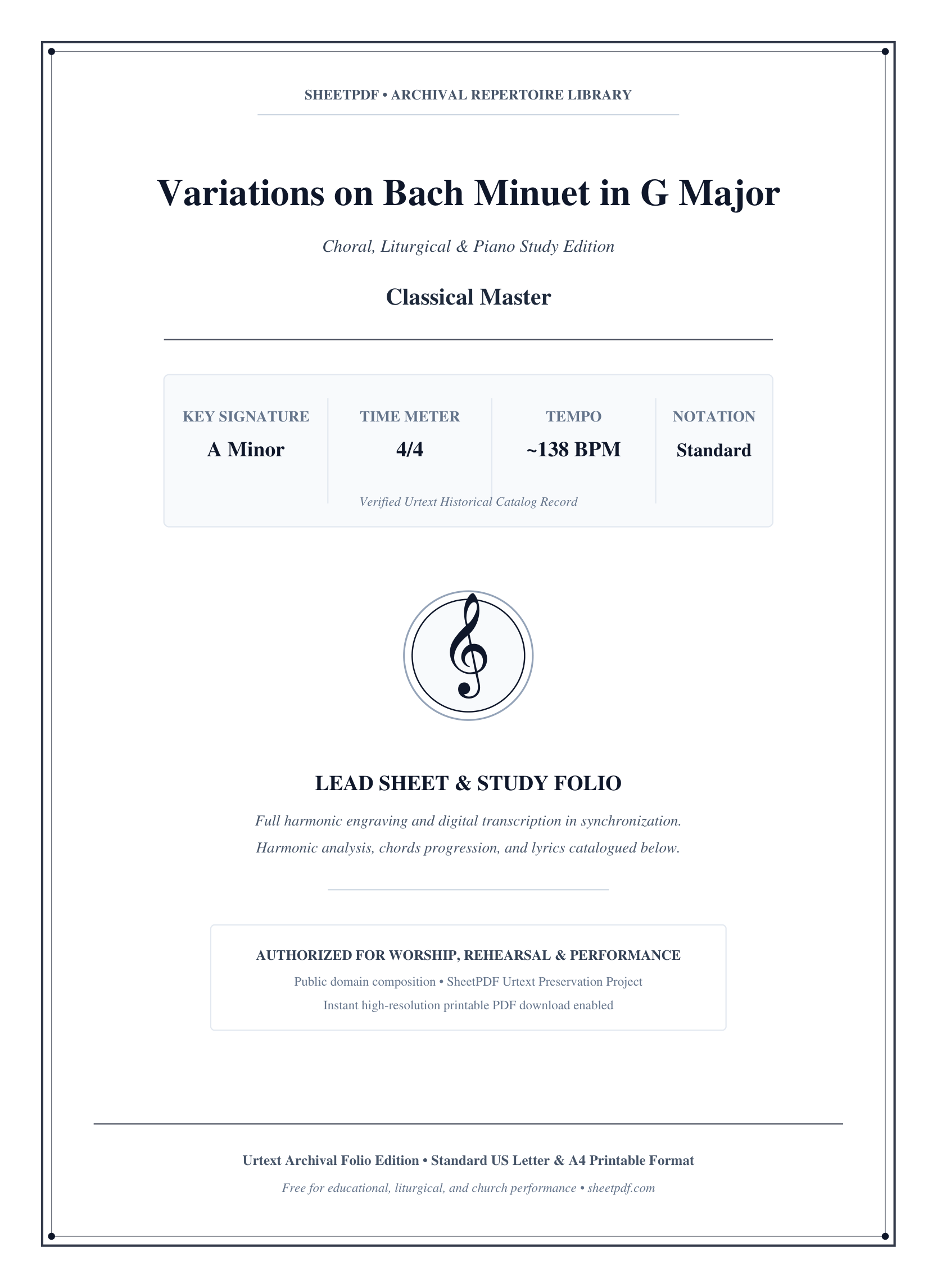 Variations on Bach Minuet in G Major Piano Sheet Music Score Page 1