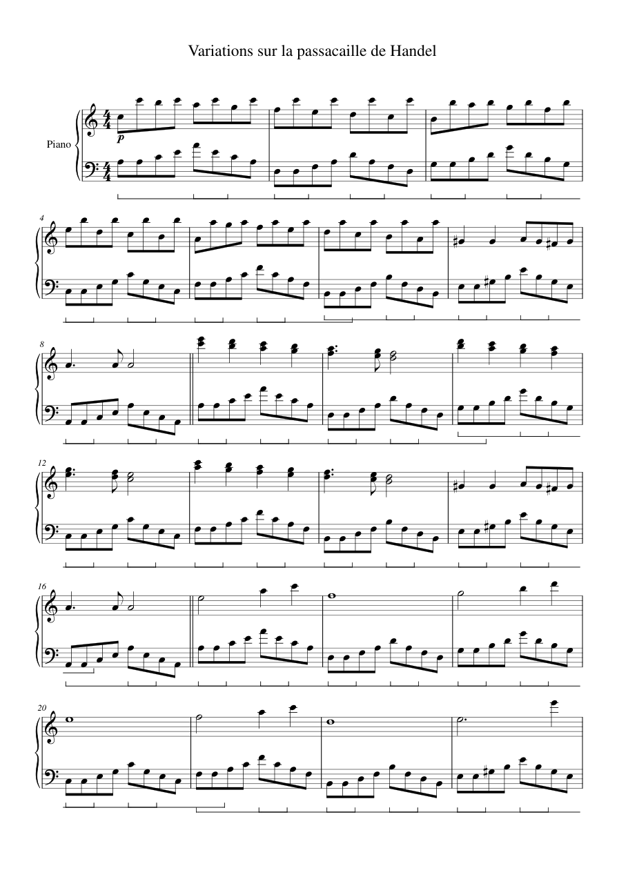 Variations sur la passacaille de Handel Piano Sheet Music Page 1 Free PDF