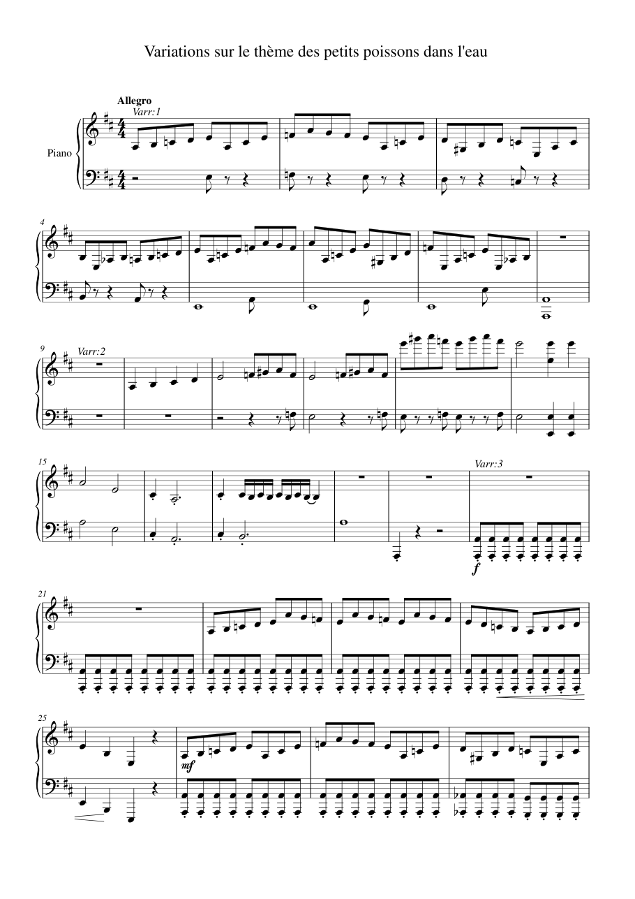 Variations sur le thème des petits poissons dans l'eau Piano Sheet Music Page 1 Free PDF