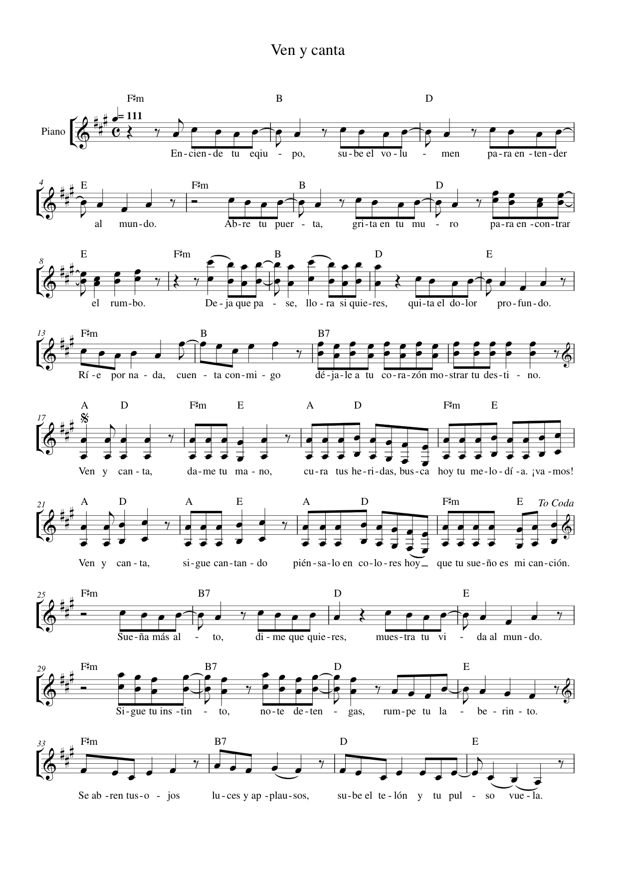 Ven y canta Piano Sheet Music Page 1 Free PDF