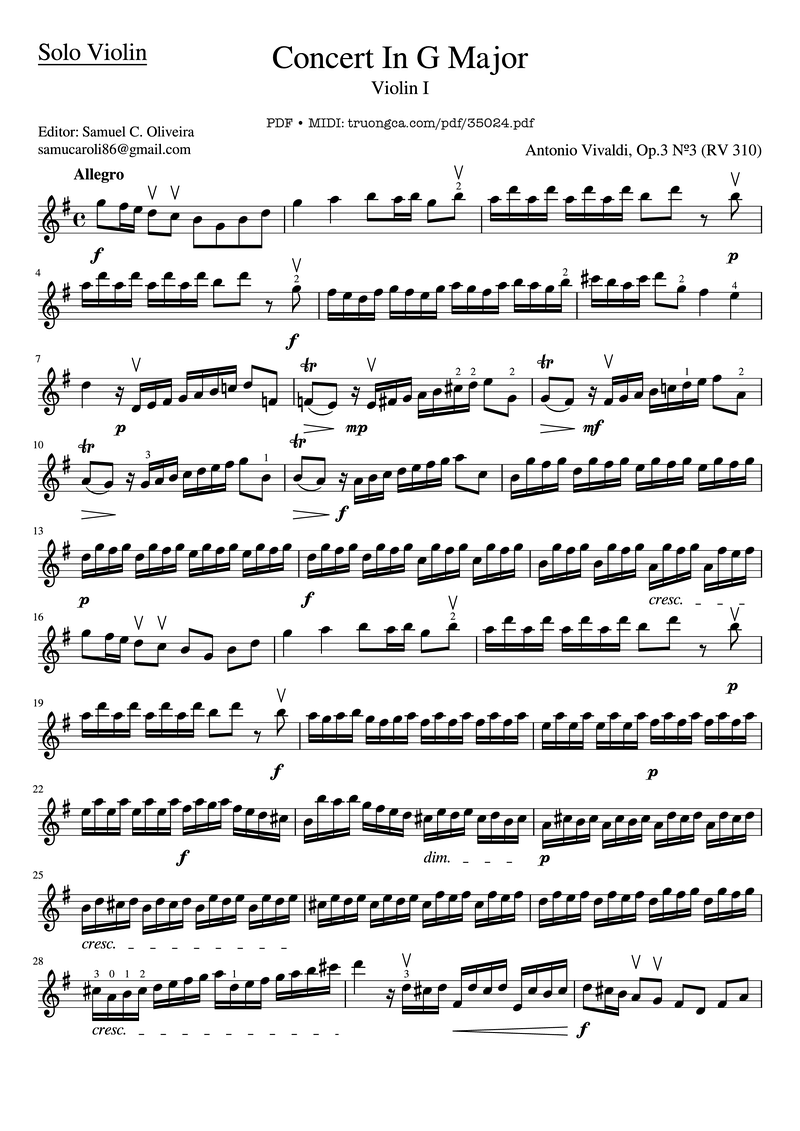 Violin Concerto No. 5 in A Major, K. 219 Cadenza Piano Sheet Music Page 1 Free PDF