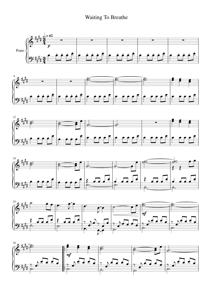 Waiting To Breathe Piano Sheet Music Page 1 Free PDF