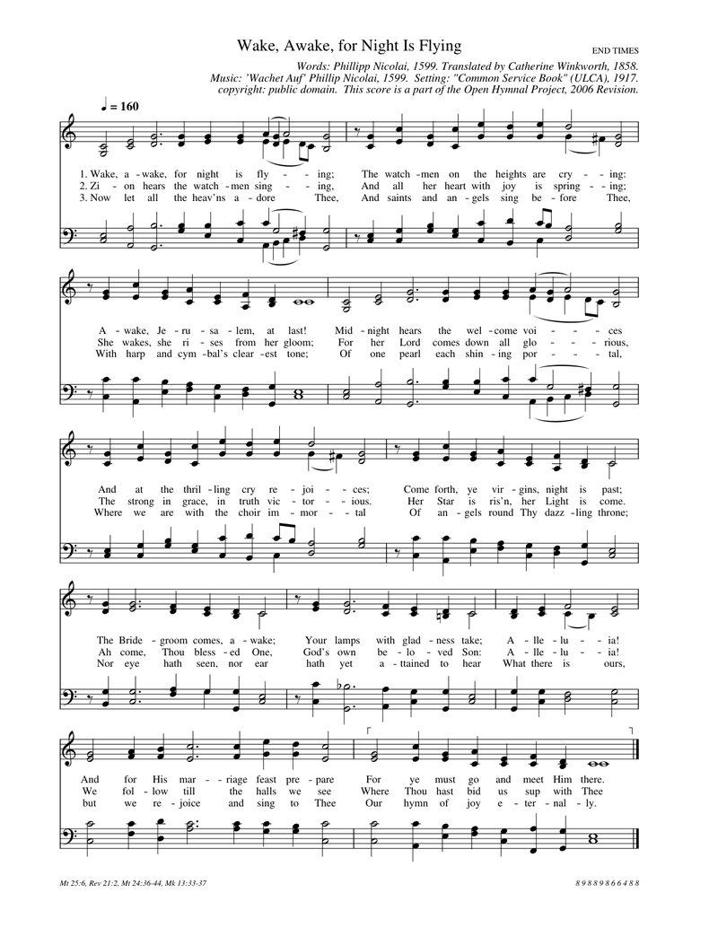 Wake, Awake, for Night Is Flying Piano Sheet Music Score Page 1