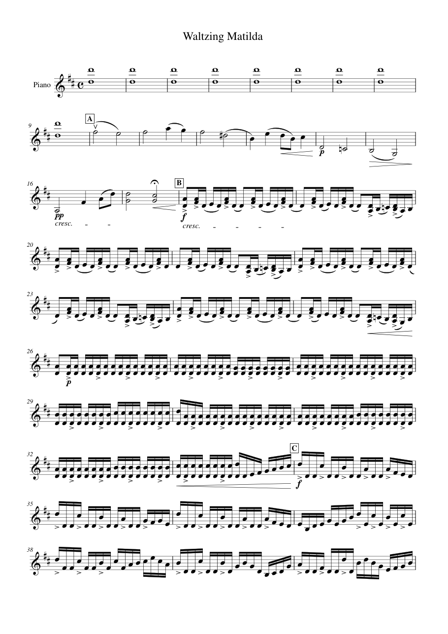 Waltzing Matilda Piano Sheet Music Score Page 1