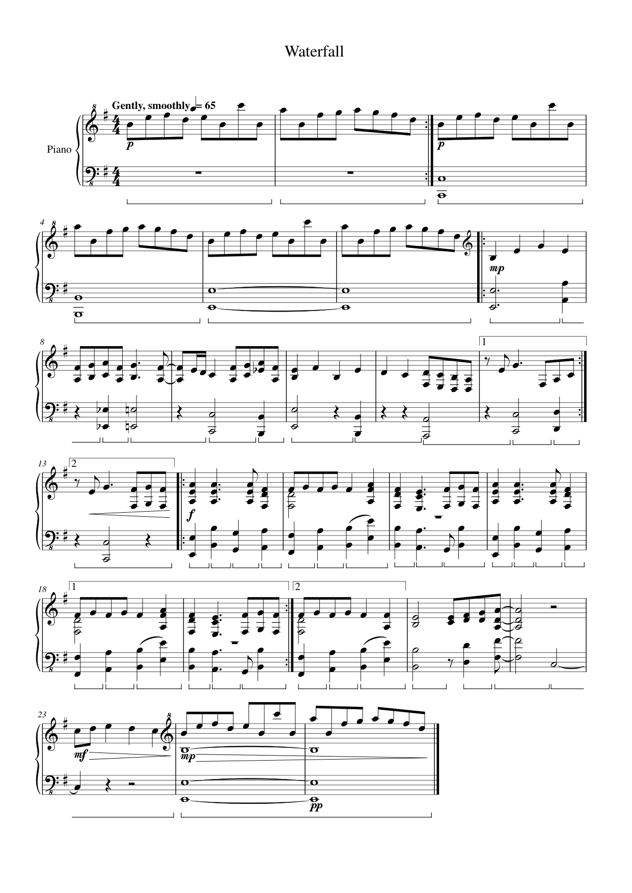 Waterfall Piano Sheet Music Score Page 1