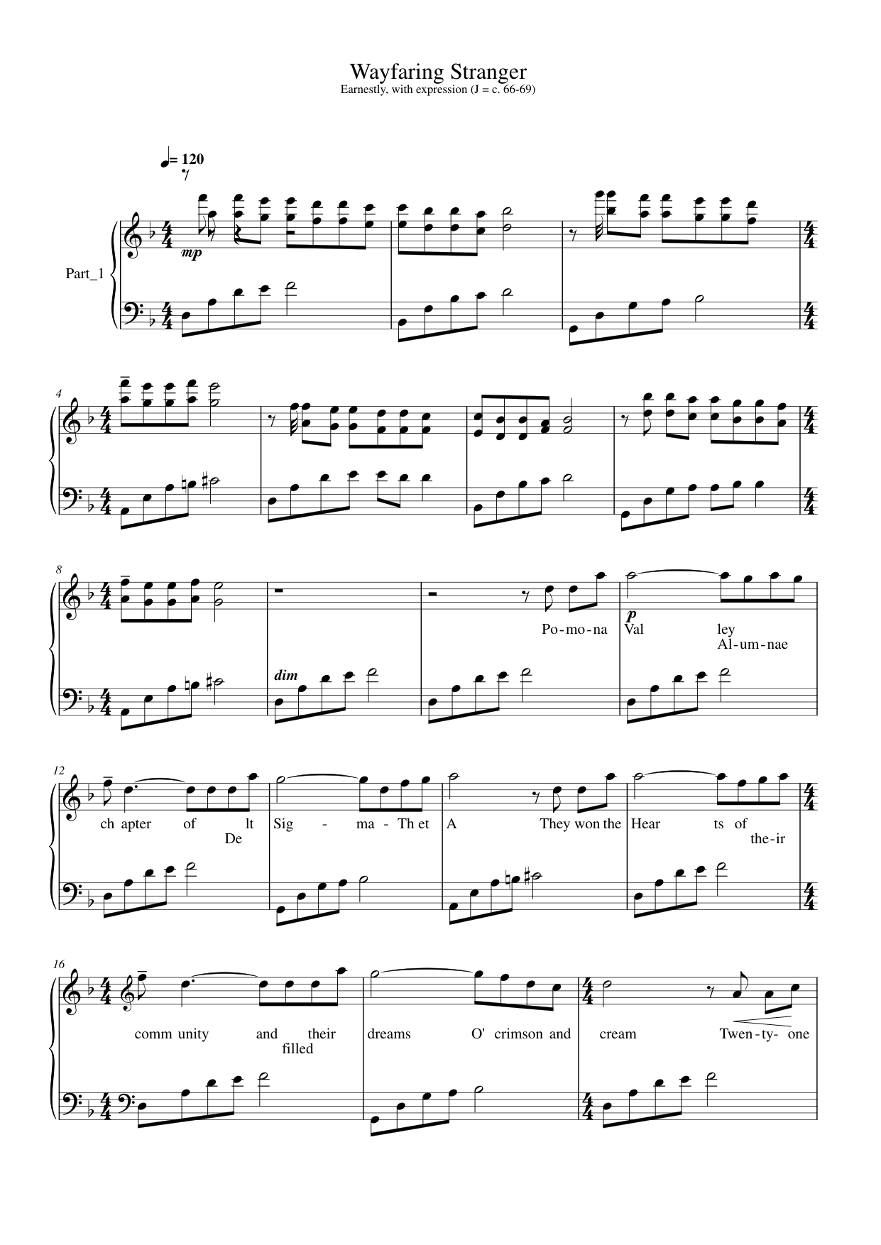 Wayfaring Stranger Piano Sheet Music Page 1 Free PDF