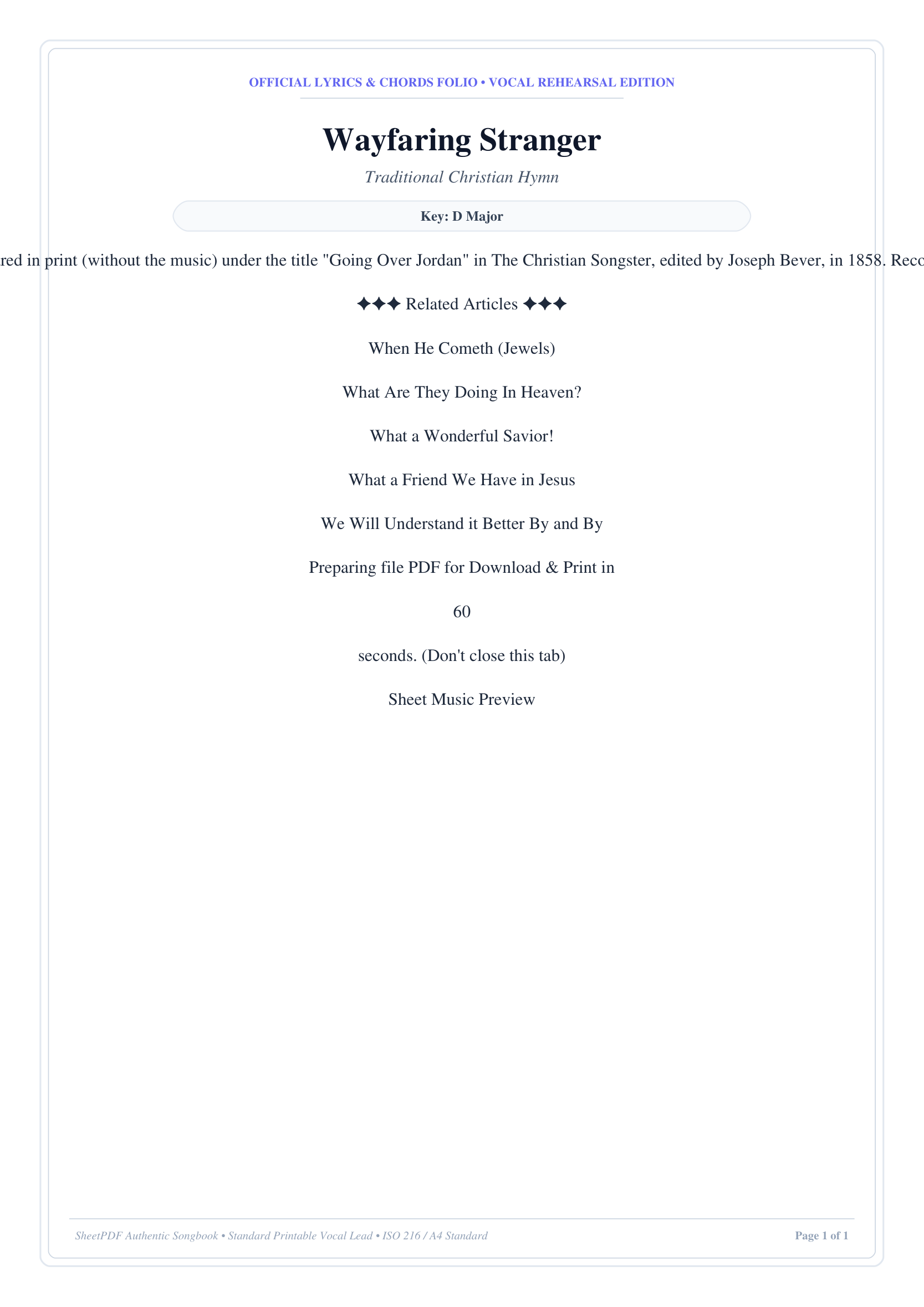 Wayfaring Stranger Piano Sheet Music Page 1 Free PDF