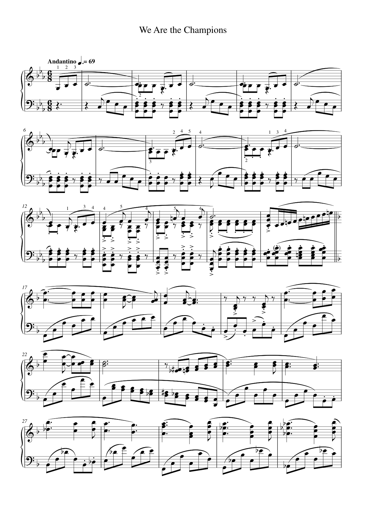 We Are The Champions Piano Sheet Music Score Page 1