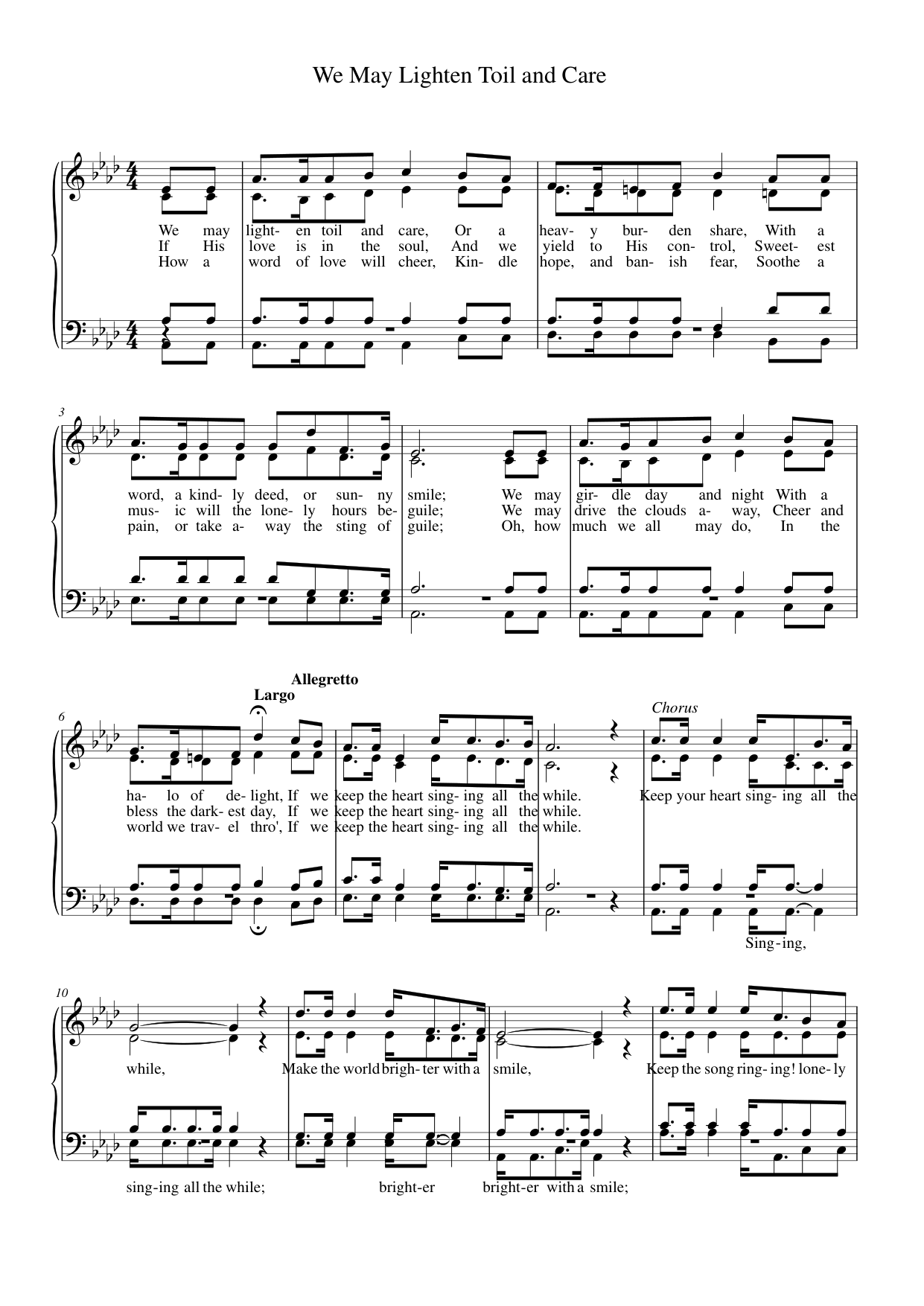 We May Lighten Toil and Care Piano Sheet Music Page 1 Free PDF
