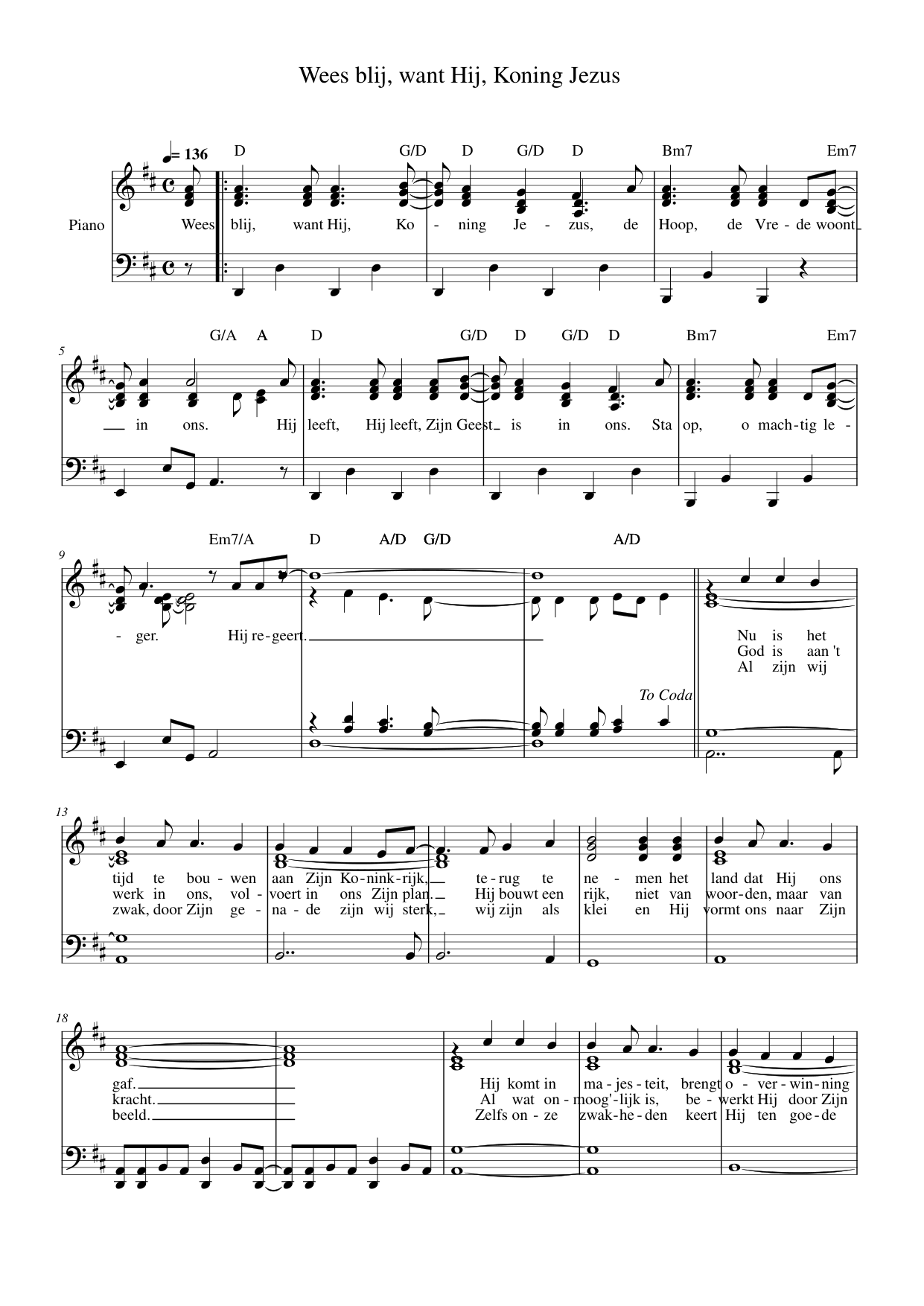 Wees blij, want Hij, Koning Jezus Piano Sheet Music Page 1 Free PDF