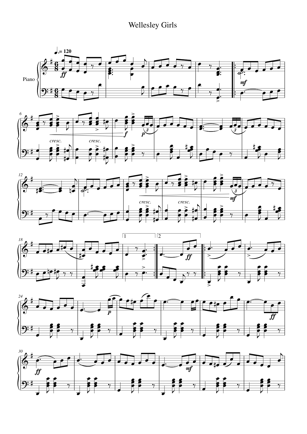 Wellesley Girls Piano Sheet Music Score Page 1