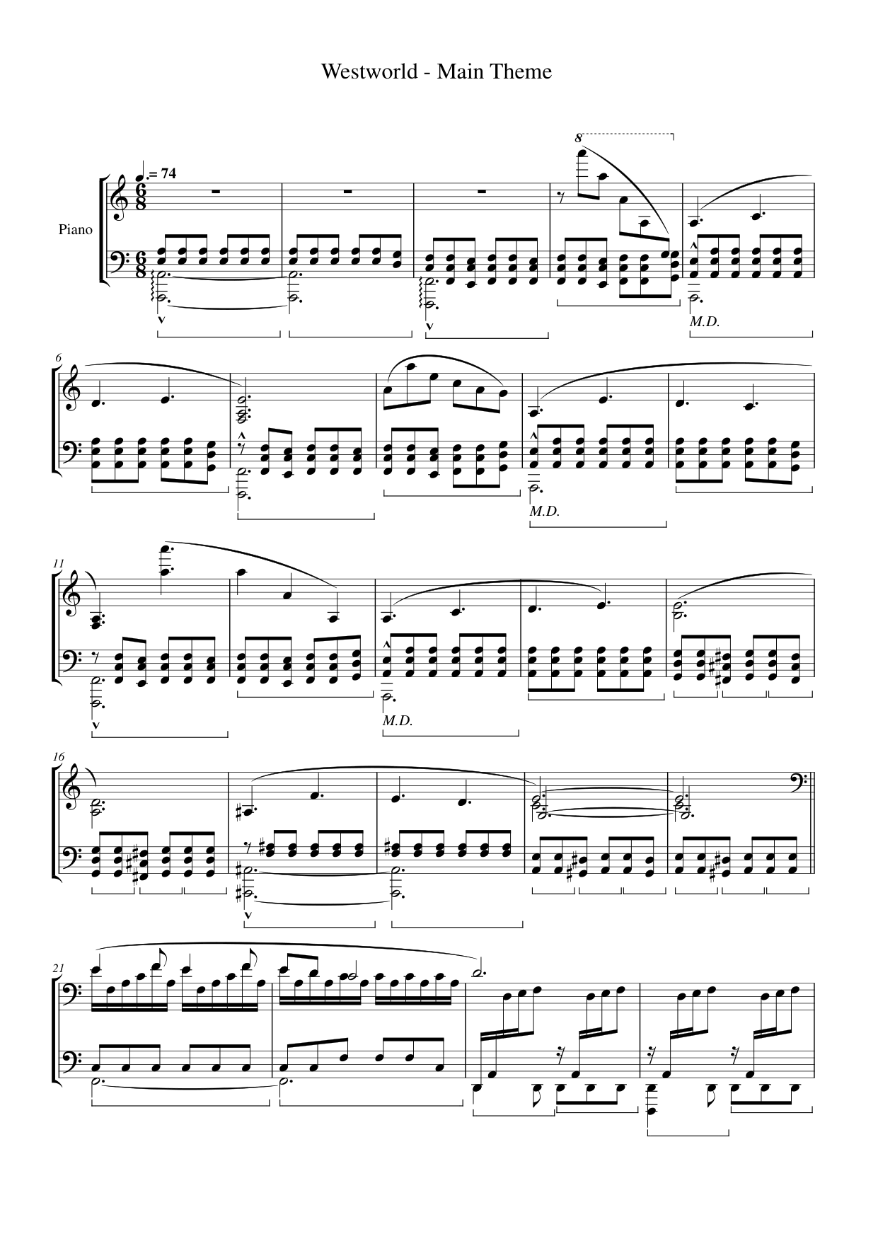 Westworld Piano Sheet Music Score Page 1