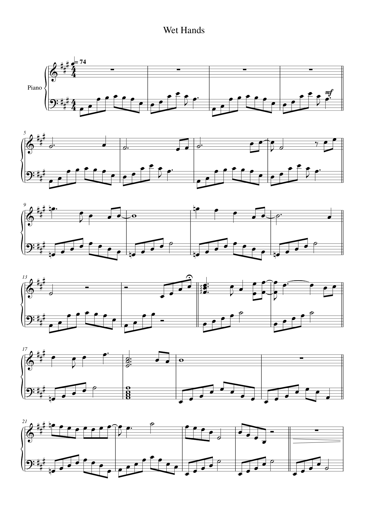 Wet Hands Piano Sheet Music Page 1 Free PDF