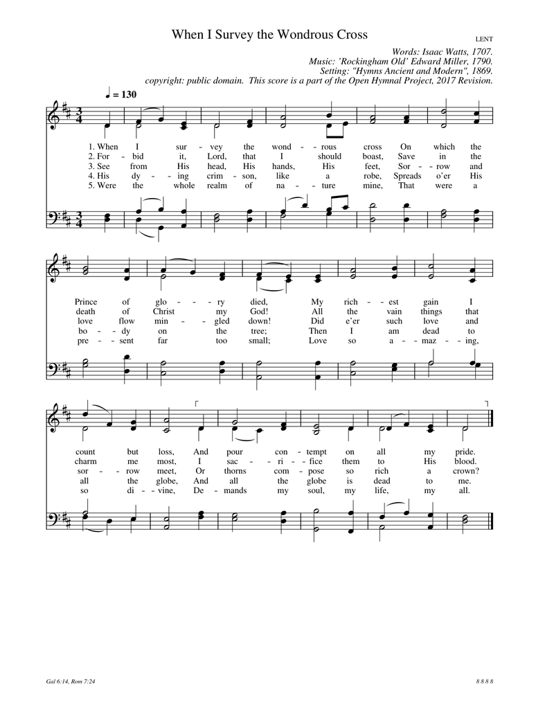 When I Survey the Wondrous Cross Piano Sheet Music Score Page 1