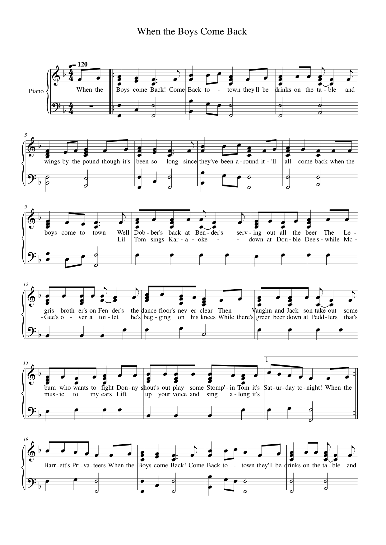 When the Boys Come Back Piano Sheet Music Page 1 Free PDF