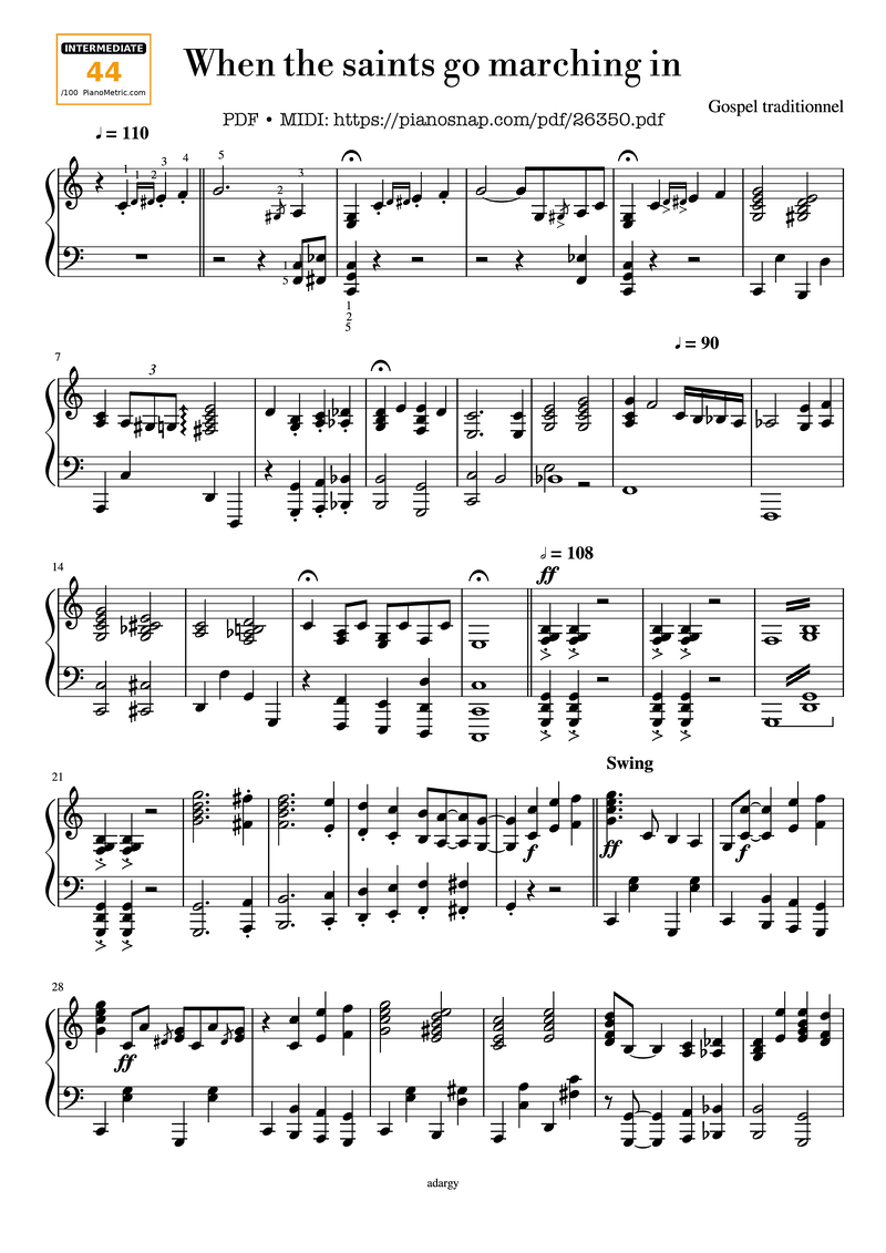 When the Saints Go Marching In Piano Sheet Music Score Page 1
