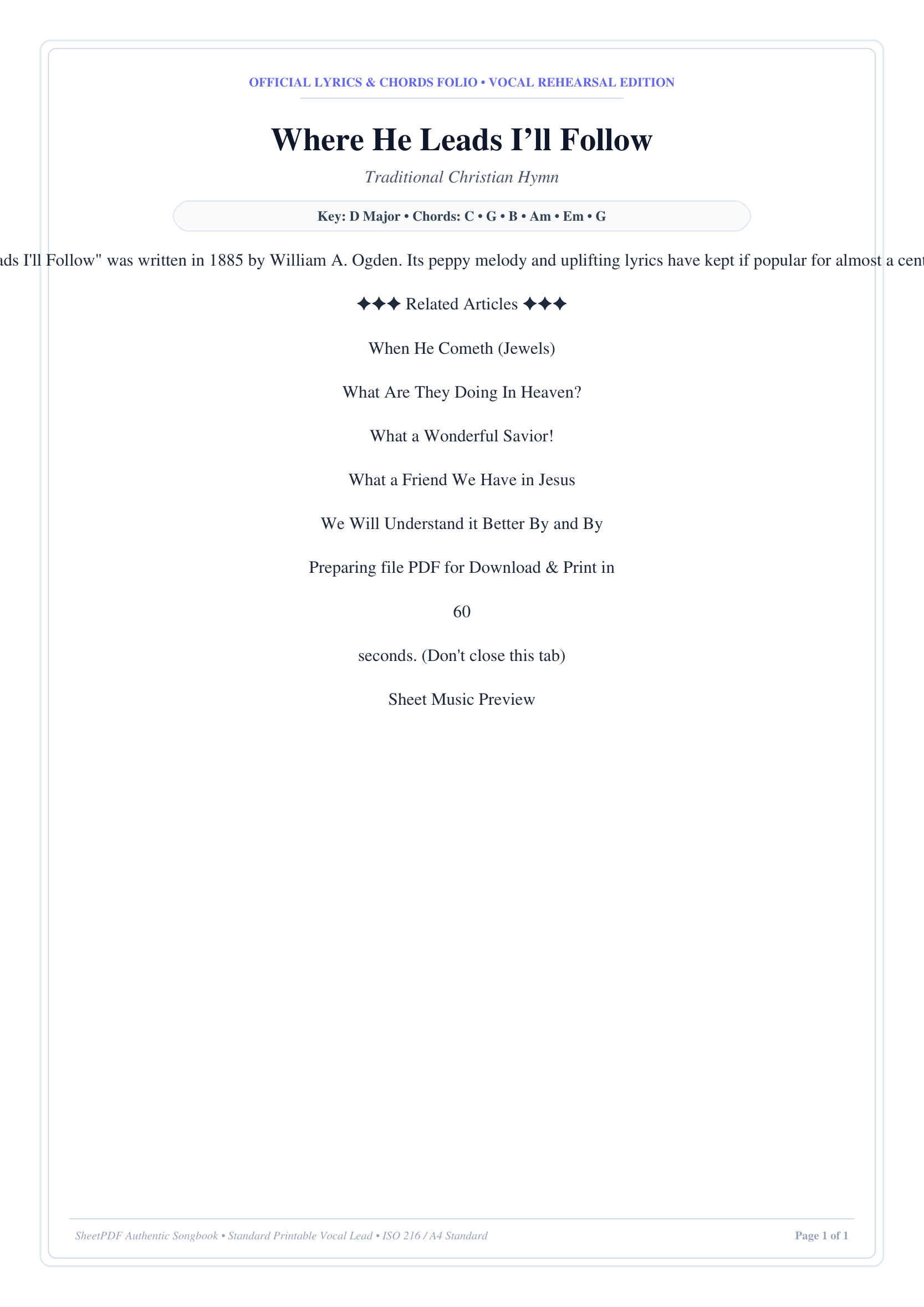 Where He Leads I’ll Follow Piano Sheet Music Page 1 Free PDF