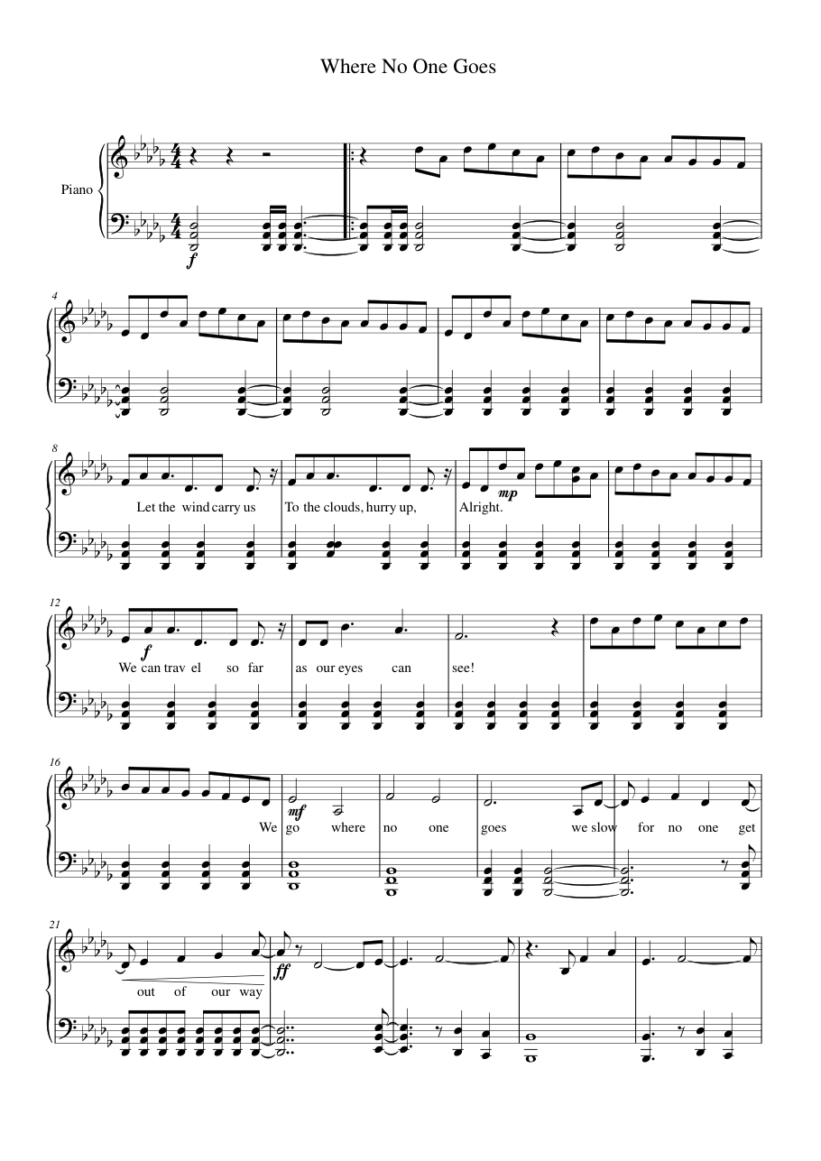 Where No One Goes Piano Sheet Music Page 1 Free PDF