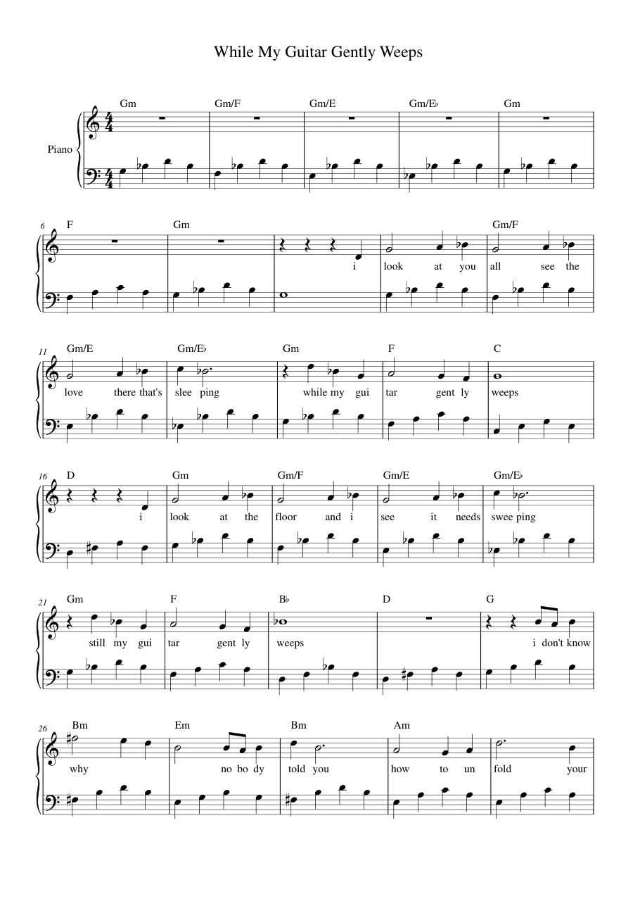While My Guitar Gently Weeps Piano Sheet Music Page 1 Free PDF