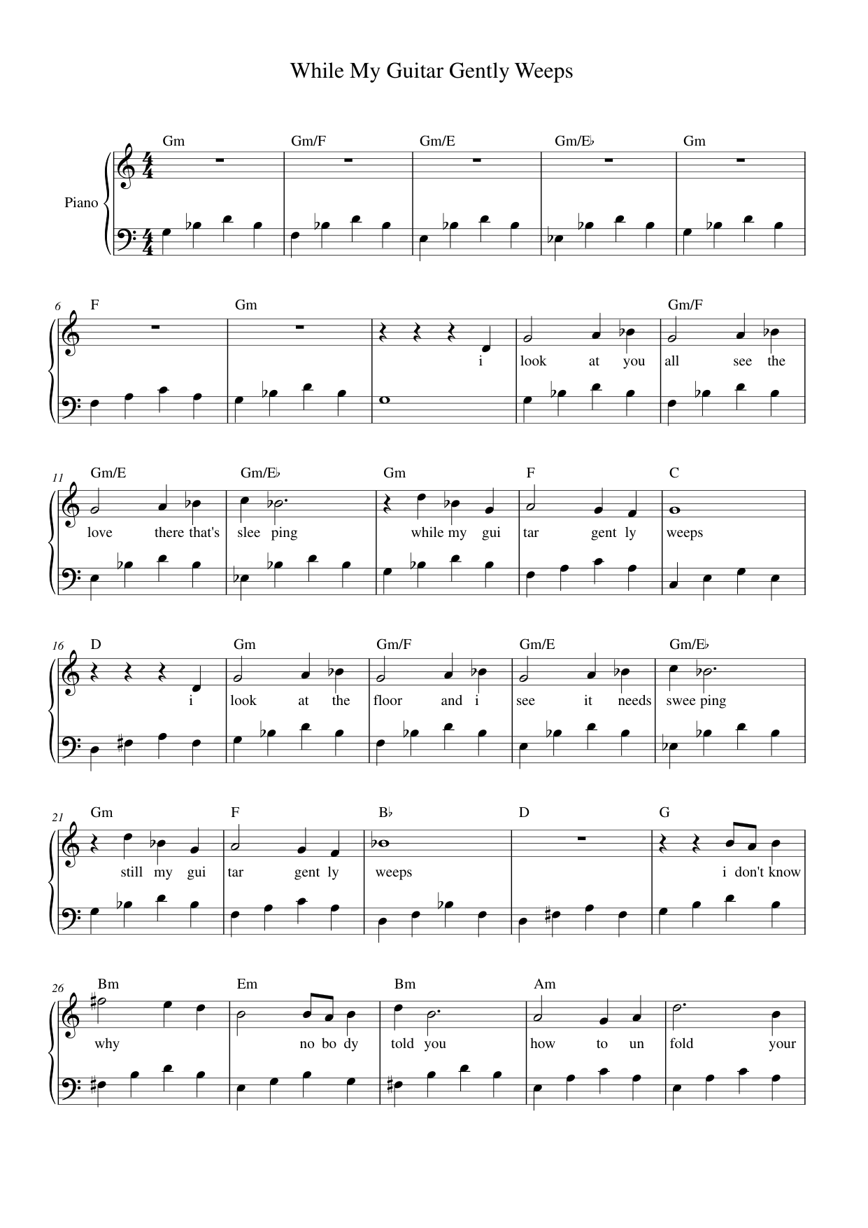 While My Guitar Gently Weeps Piano Sheet Music Page 1 Free PDF
