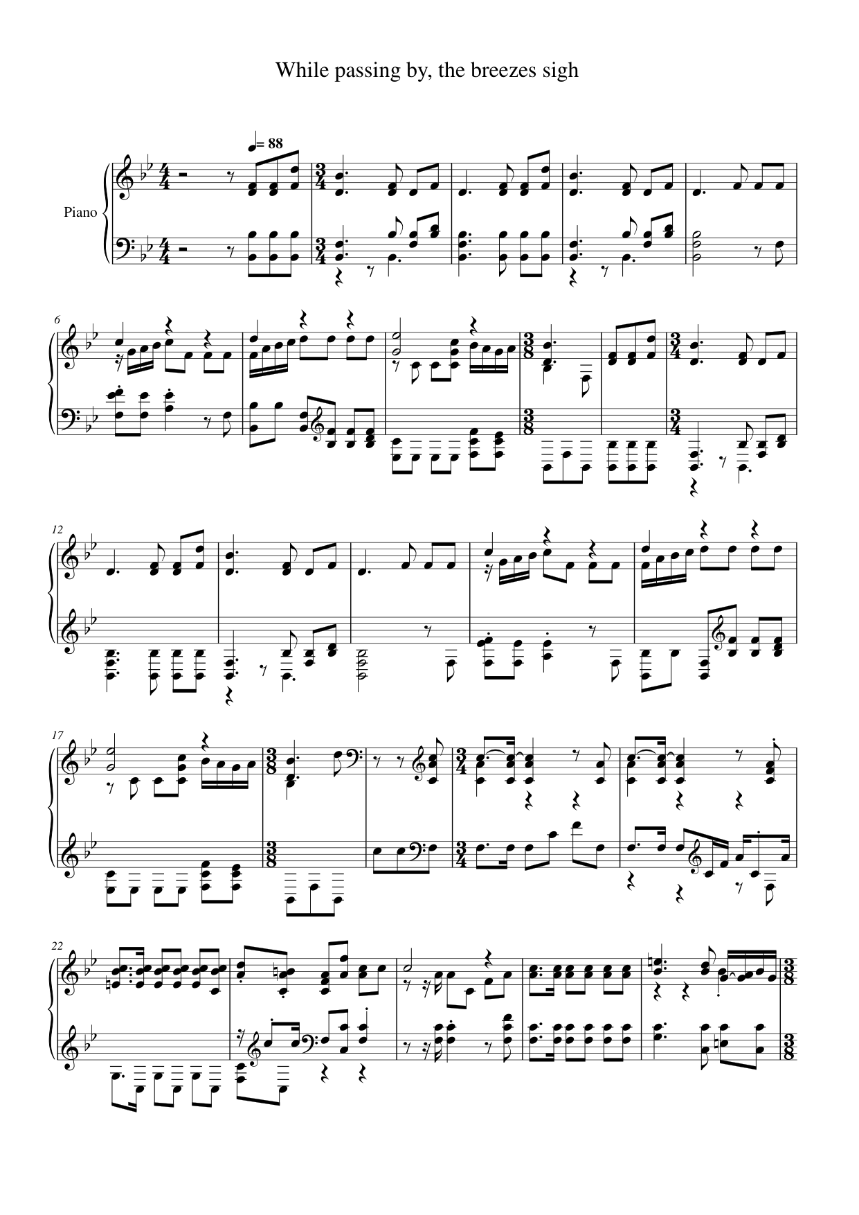 While passing by, the breezes sigh Piano Sheet Music Score Page 1