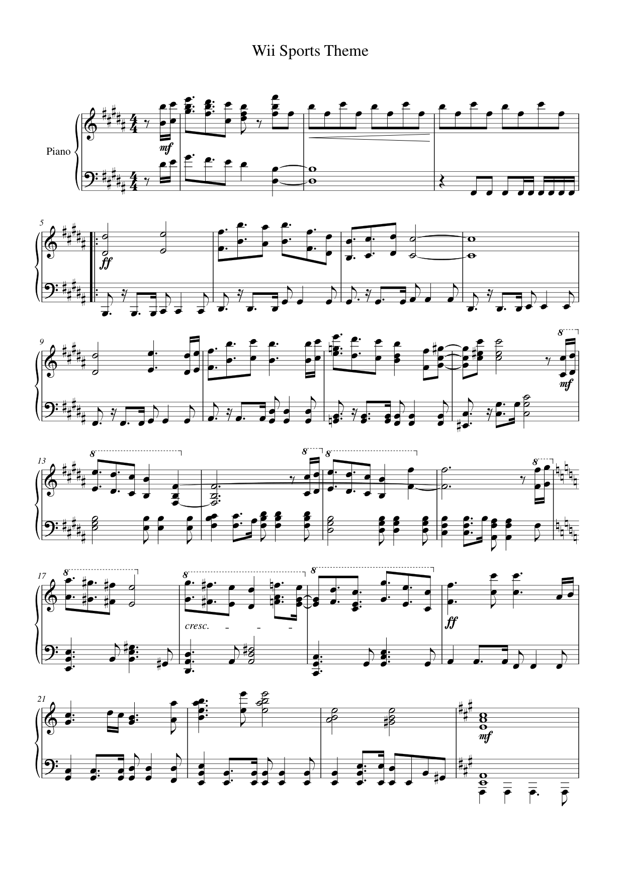 Wii Sports Theme Piano Sheet Music Page 1 Free PDF