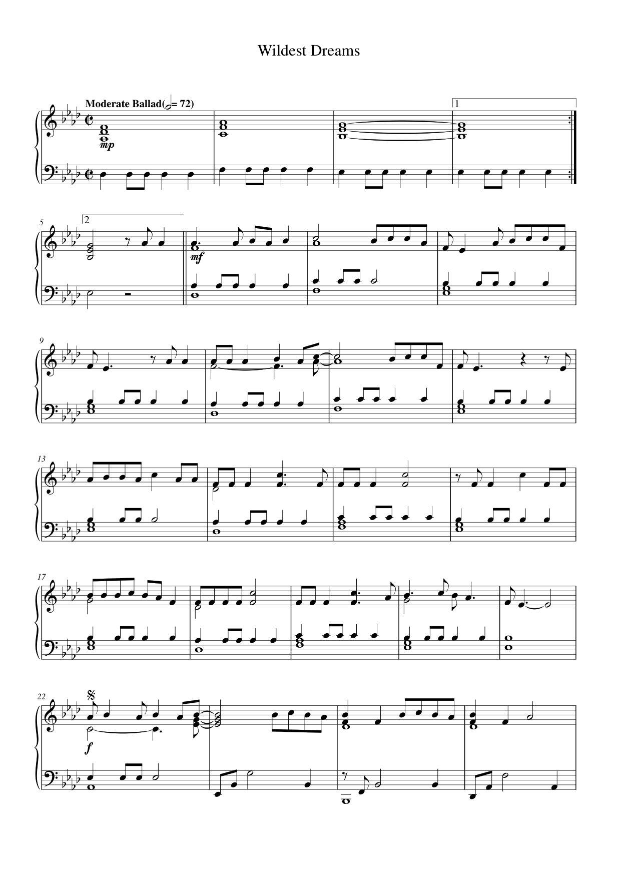Wildest Dreams Piano Sheet Music Page 1 Free PDF
