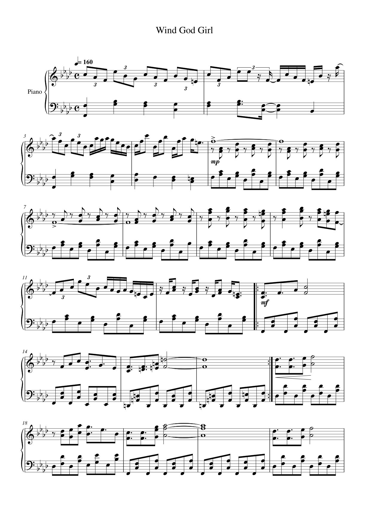 Wind God Girl Piano Sheet Music Page 1 Free PDF