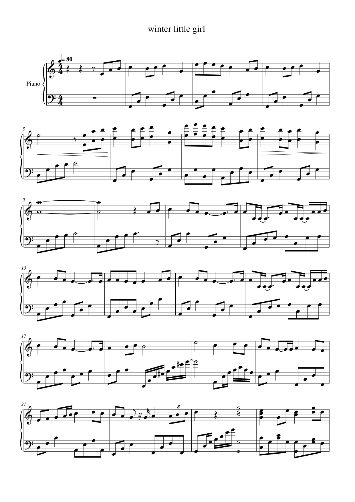 winter little girl Piano Sheet Music Page 1 Free PDF