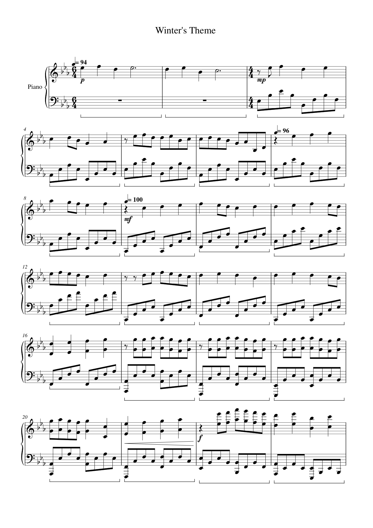 Winter's Theme Piano Sheet Music Page 1 Free PDF