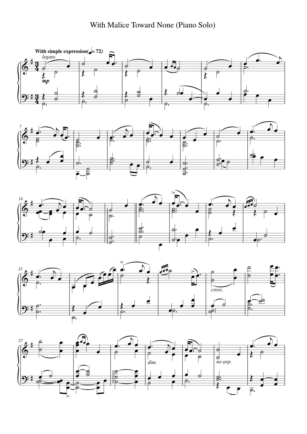 With Malice Toward None (Piano Solo) Piano Sheet Music Page 1 Free PDF