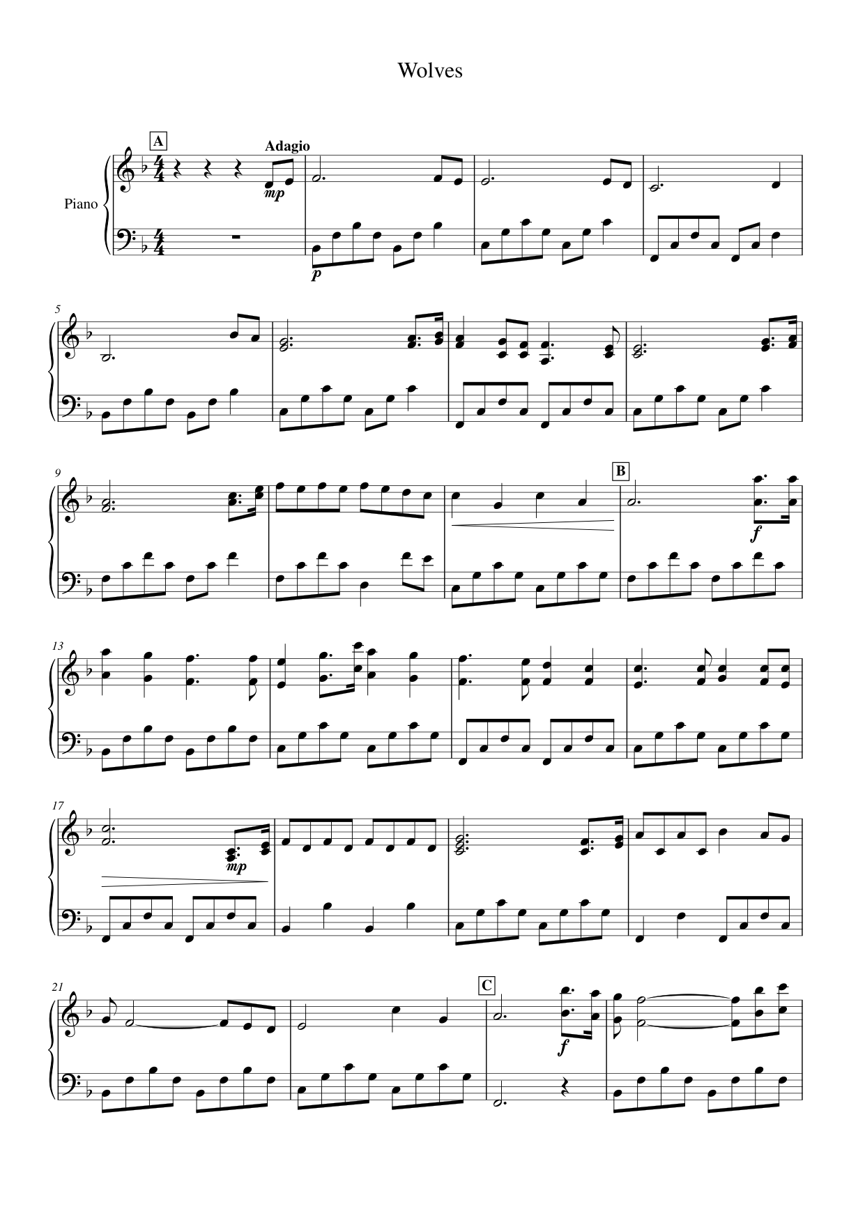 Wolves Piano Sheet Music Score Page 1