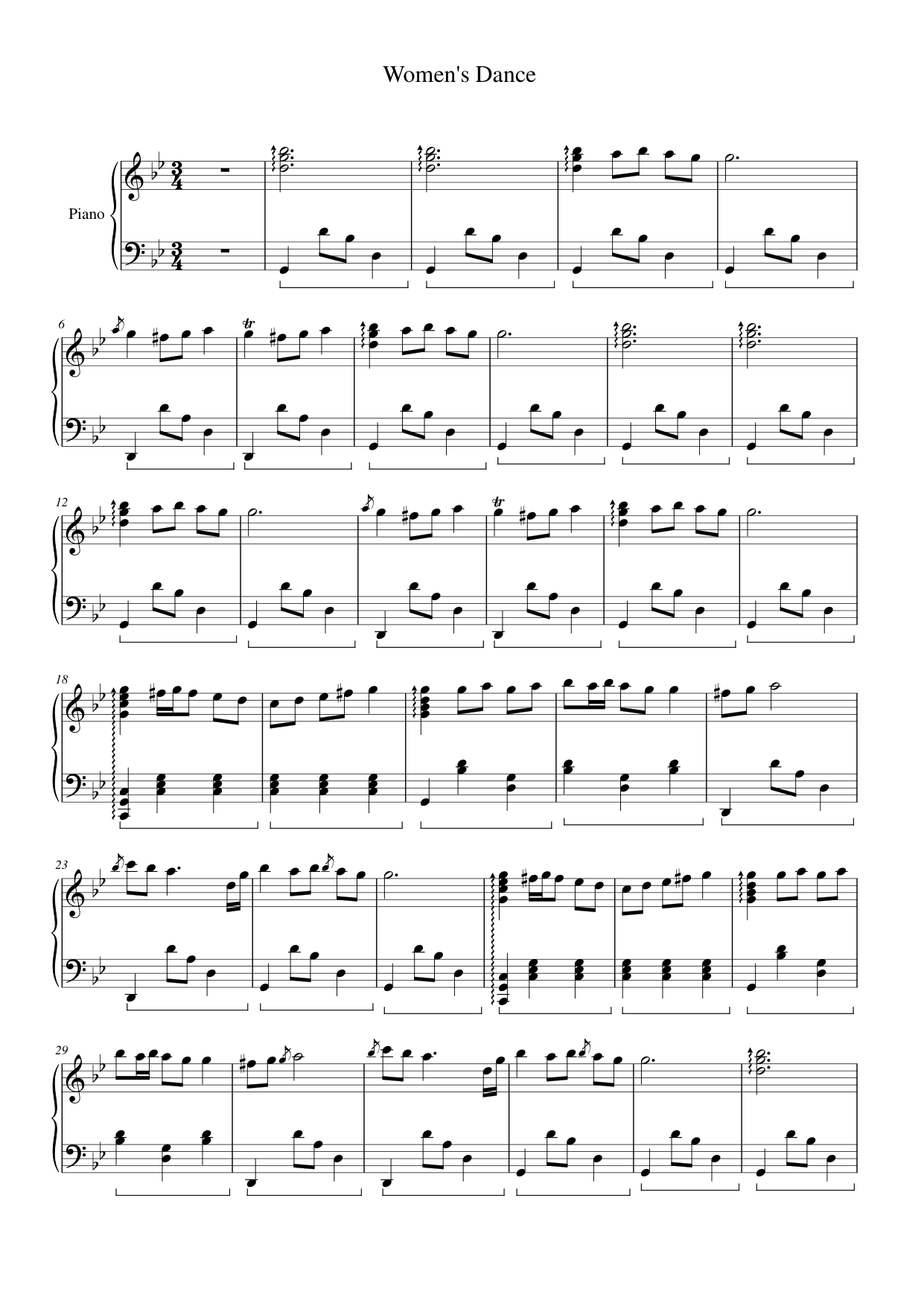 Women's Dance Piano Sheet Music Score Page 1