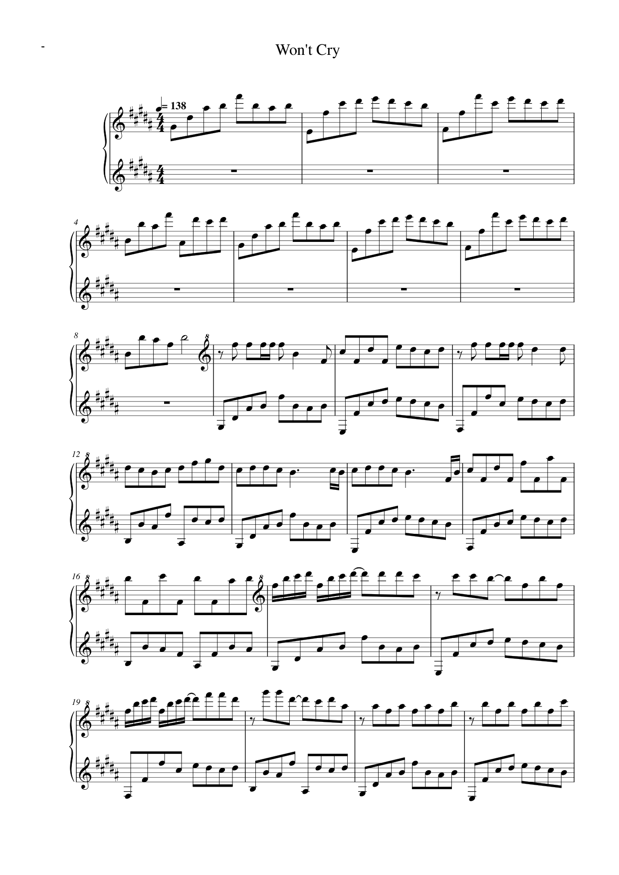 Won't Cry Piano Sheet Music Score Page 1