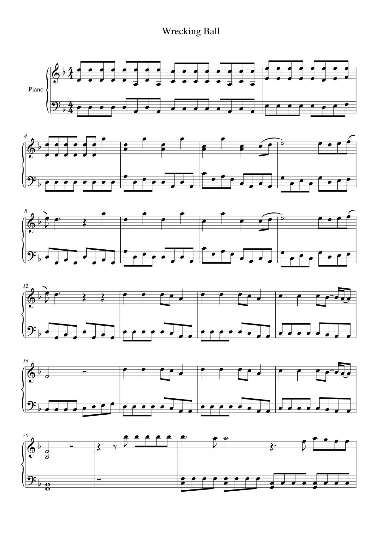 Wrecking Ball Piano Sheet Music Page 1 Free PDF