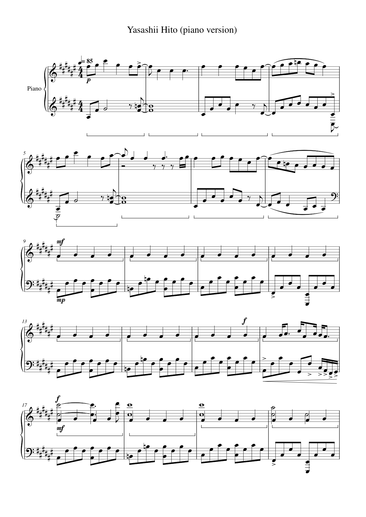 Yasashii Hito (piano version) Piano Sheet Music Page 1 Free PDF