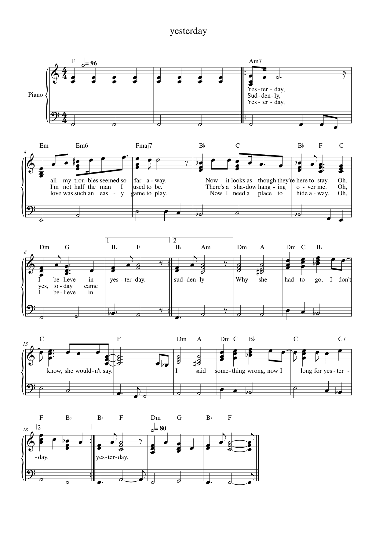 yesterday Piano Sheet Music Page 1 Free PDF