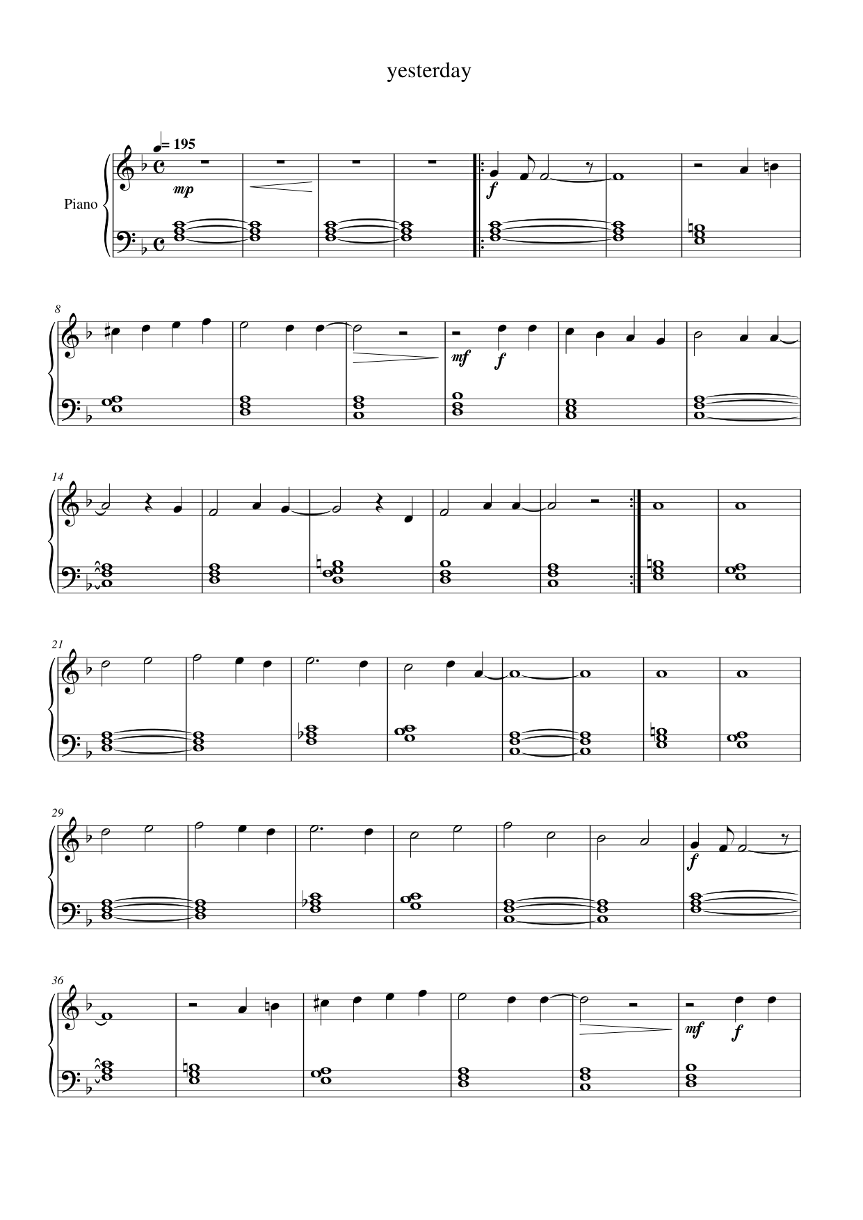 yesterday Piano Sheet Music Score Page 1