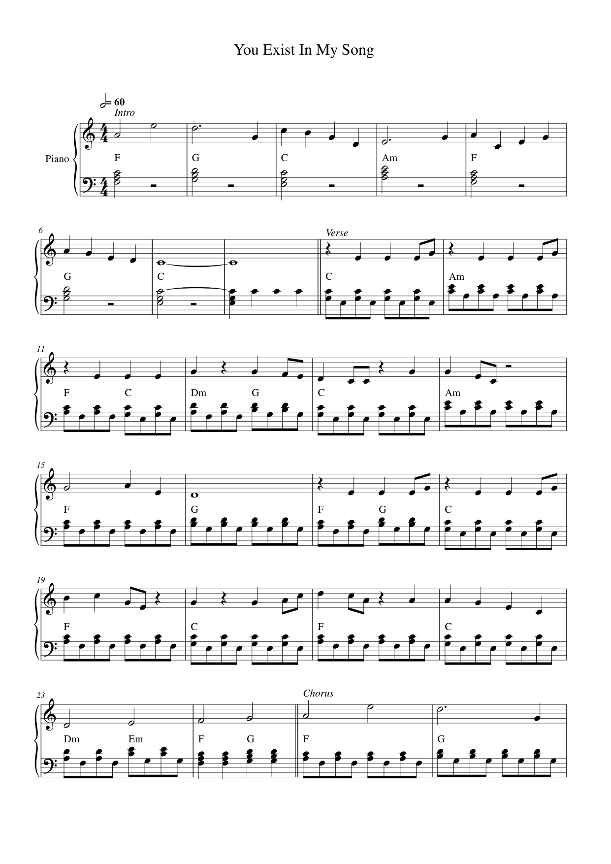 You Exist In My Song Piano Sheet Music Page 1 Free PDF