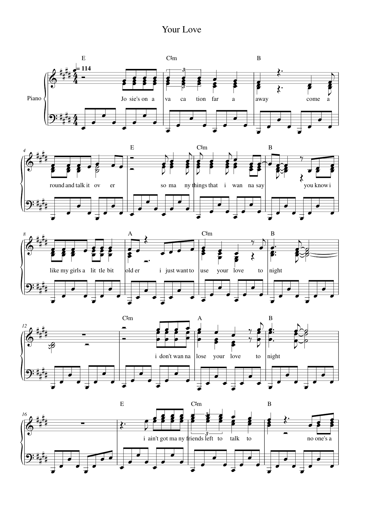 Your Love Piano Sheet Music Score Page 1