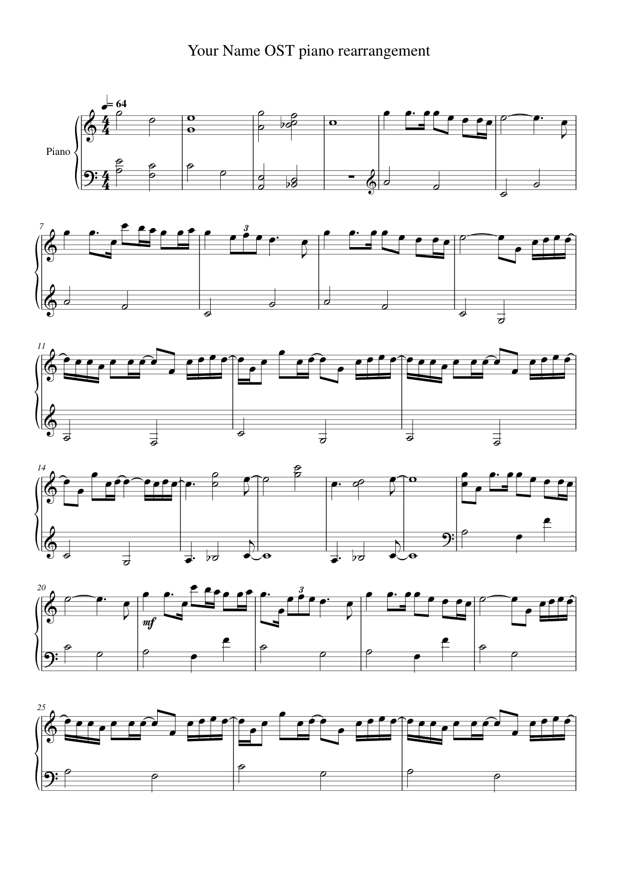 Your Name OST piano rearrangement Piano Sheet Music Page 1 Free PDF