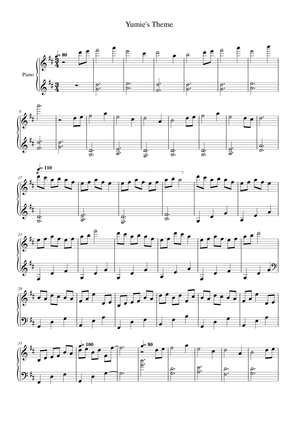 Yumie's Theme Piano Sheet Music Score Page 1