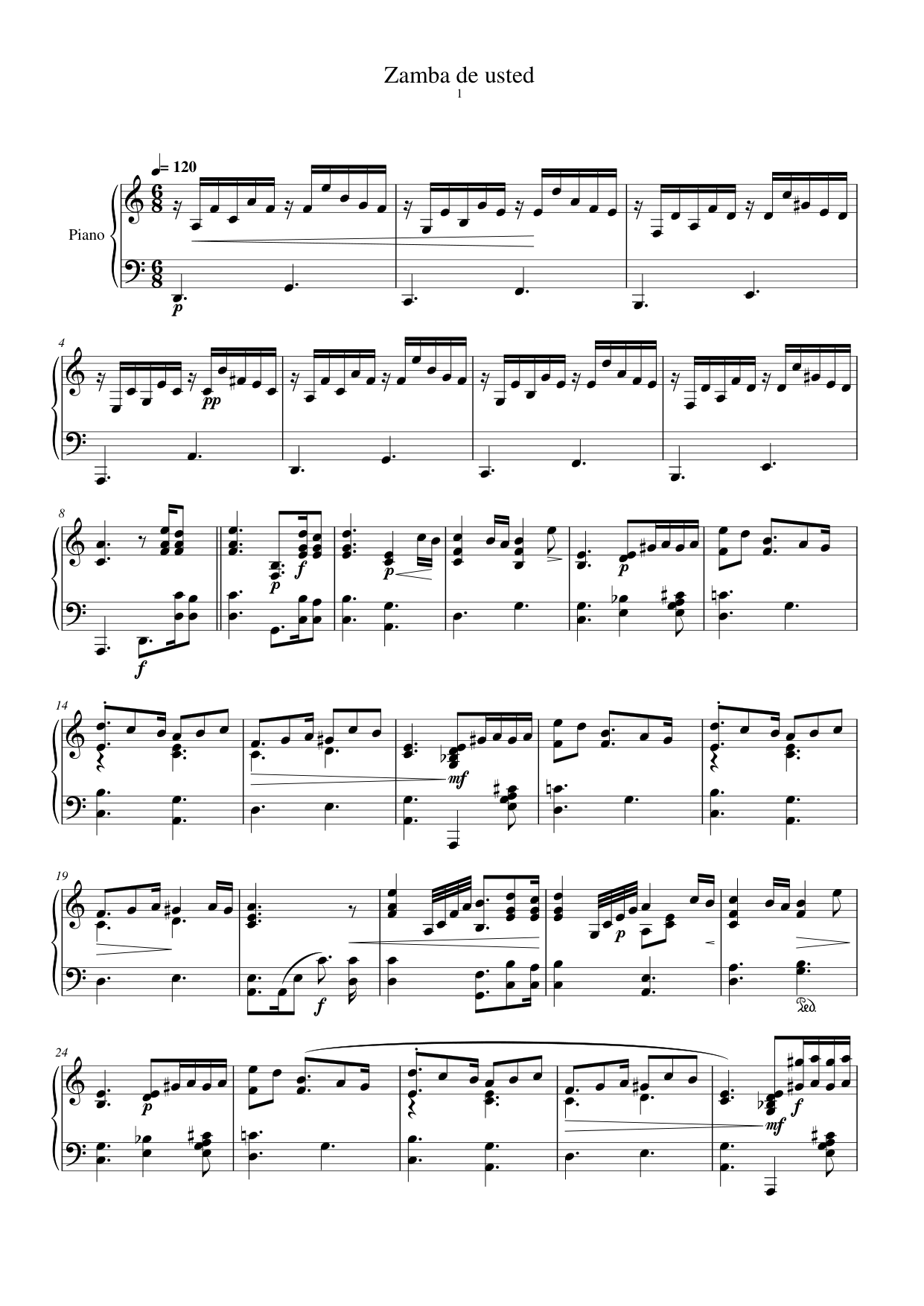 Zamba de usted Piano Sheet Music Score Page 1